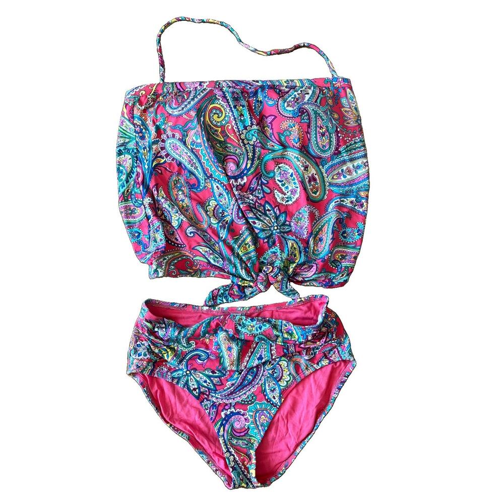 Tommy Bahama Bandeau Swim Top & Bottom Coral Paisley Keys Tie Front Medium Set